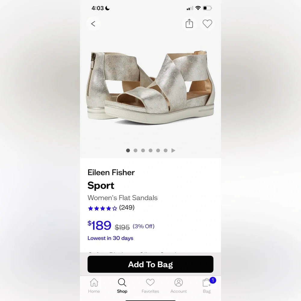 🆕🩴🪩 NWT NIB Eileen Fisher Sport Sandal, Platinum Glitter suede Womens 8.5 M - Picture 10 of 10